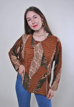 Abstract print vintage brown pullover long sleeve blouse 