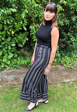Black High Waisted, Wide Leg Striped Trousers