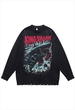Shark print sweater scary jumper ripped knitted top in black