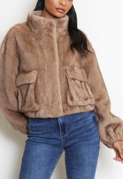 Pockets Faux Fur Coat In Taupe