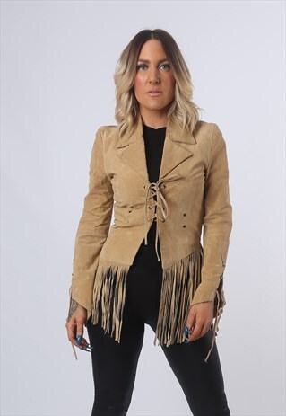 TASSEL FRINGE SUEDE LEATHER JACKET SHORT FITTED UK 6-8 BV4P