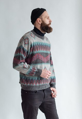 VINTAGE 80S FUNKY JUMPER WITH ABSTRACT WOOL PATTERN