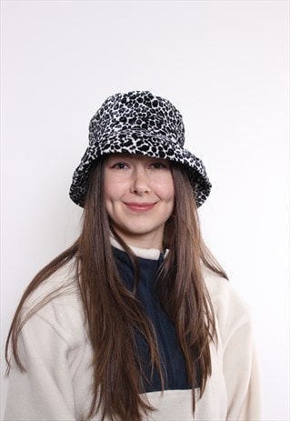 90S COW PRINT BUCKET HAT, VINTAGE FUNKY BLACK AND WHITE 