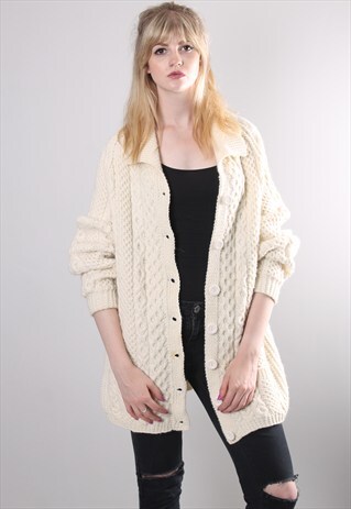 VINTAGE 80S CREAM CABLE KNIT LONG OVERSIZE CARDIGAN