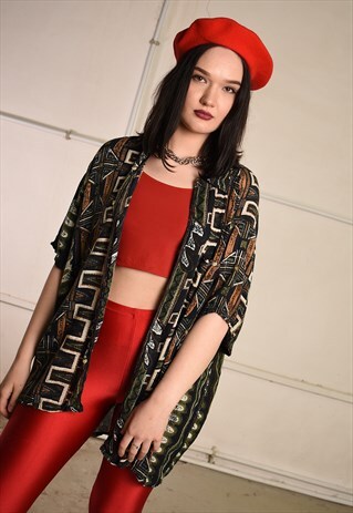 90'S RETRO ETHNIC PRINT OVERSIZED FESTIVAL DADS SHIRT TOP