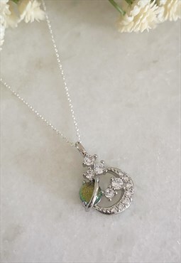 Aura Green Silver Planet Moon and Star Necklace
