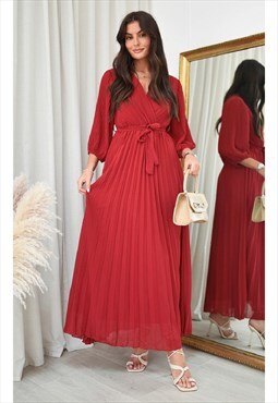 Pleated Wrap Front Maxi Dress in Wine