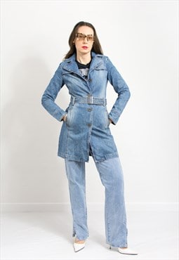 Vintage denim trench in blue belted coat jean women