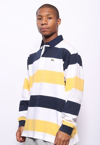 VINTAGE LACOSTE LOGO RUGBY SHIRT WHITE YELLOW NAVY BLUE