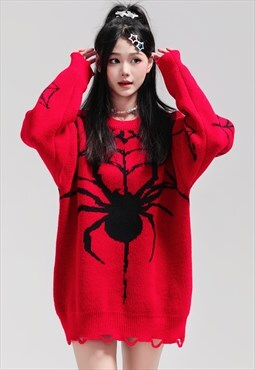 Spider web sweater Gothic knitted jumper ripped top in red