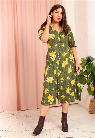 VINTAGE 90S MIDI DRESS IN GREEN FLORAL PRINT