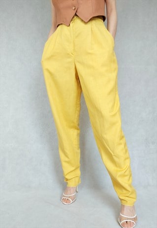 VINTAGE YELLOW LINEN BLEND SLACKS, LARGE 80S TROUSERS, LARGE