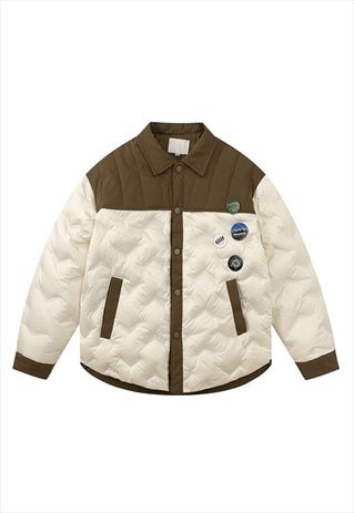 QUILTED BOMBER PADDED SHIRT JACKET BUTTON UP PUFFER IN CREAM