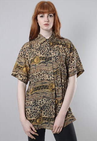 VINTAGE 80S SILK LEOPARD PRINT PATTERNED SHIRT BLOUSE TOP