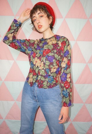 VINTAGE 80S FLORAL CHERRY PATTERN VISCOSE COLLARLESS BLOUSE