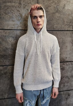 Knitted hoodie long lace knitwear pullover in grey