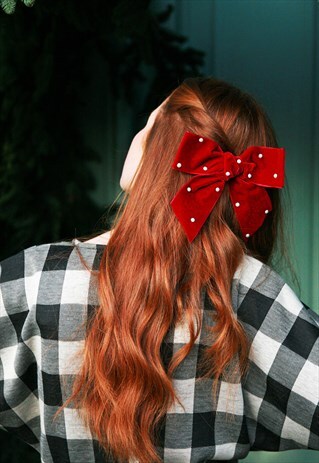 PEARL STUD VELVET LARGE HAIR CLIP BOW - BURGUNDY