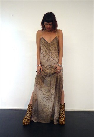 LEOPARD PRINT MESH MAXI DRESS WITH GOLD CHAIN STRAPS