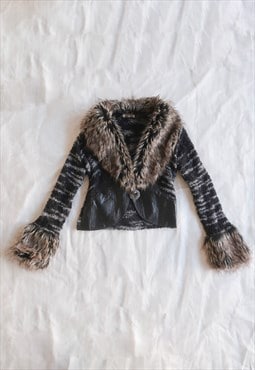 vintage boho grunge Faux Fur and Leather Knit Cardigan