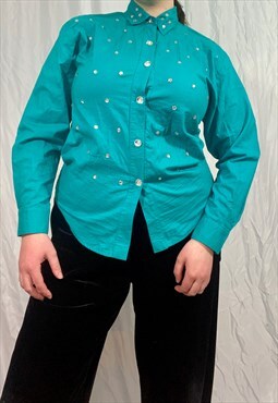 Vintage 90s turquoise shirt with silver diamante studs