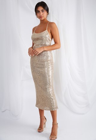ALIAH BACKLESS SEQUIN SLIP DRESS - GOLD
