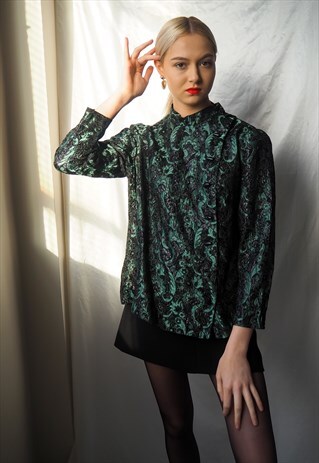 VINTAGE HIGH NECK ORIENTAL STYLE FLORAL BLOUSE