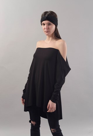 OPEN SHOULDER TOP/BLACK MAXI SHIRT/COTTON BLOUSE/LOOSE/F1808