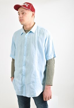 Vintage short sleeve linen shirt in blue