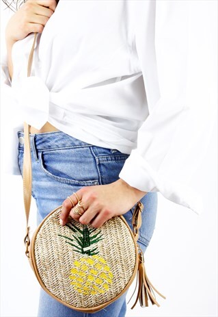 PINEAPPLE WOVEN CROSSBODY TASSEL ROUND BAG