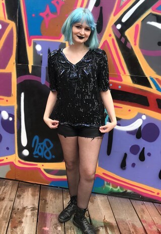 VINTAGE 1980S KUKU SEQUIN TOP - SIZE 14 - 16