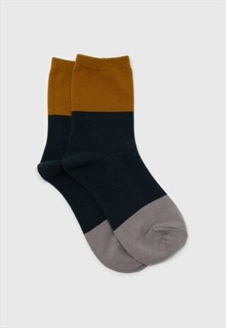 TEAL AND MUSTARD TRIPLE COLORBLOCK SOCKS