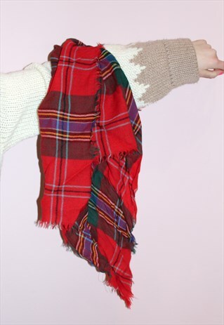 80S VINTAGE WINTER RED TARTAN SCARF, NECK & HEAD TIE BANDANA