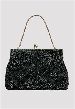 60's Vintage Ladies Black Beaded Embellished Evening Bag