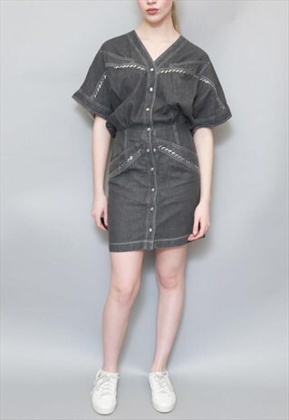 VINTAGE 1990'S EMBELLISHED GREY DENIM MINI DRESS