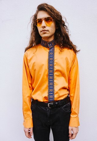VINTAGE ETHNIC EMBROIDED COLLAR ORANGE SHIRT