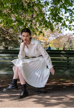 Cotton shirt dress with Pleated  chiffon hem design in white