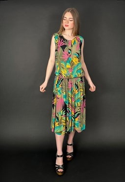 80's Vintage Sleeveless Tropical Floral Print Midi Dress