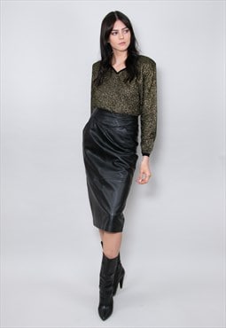 80's Vintage Black Leather Pencil Vintage Ladies Midi Skirt