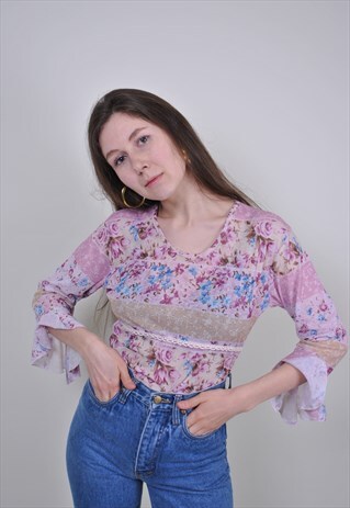 VINTAGE ROSES PINK BLOUSE, 80S UK LACE BOHO SHIRT