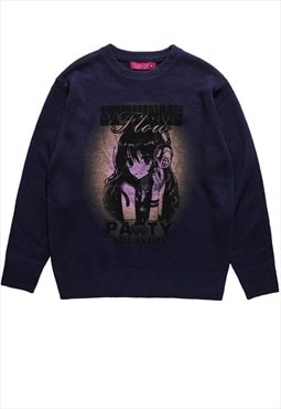 Anime sweater grunge slogan knitted jumper Kawaii top purple