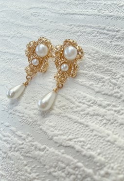 Gold Faux Pearl Organic Everyday Drop Delicate Earrings