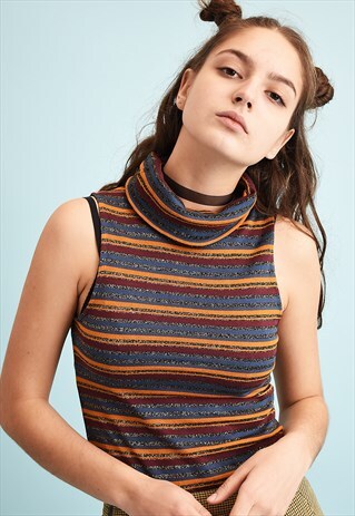 Y2K STRIPED PATTERN SHIMMER TURTLENECK TEEN TOP