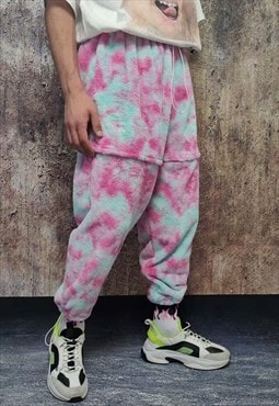 Tie-dye fleece joggers handmade y2k detachable overalls pink