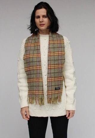 VINTAGE LAMBSWOOL CHECKED SCARF GREEN-AS14