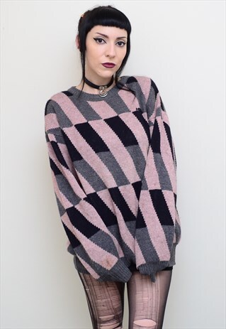 VINTAGE 90'S RETRO PINK BLACK GREY PATTERNED SLOUCHY JUMPER