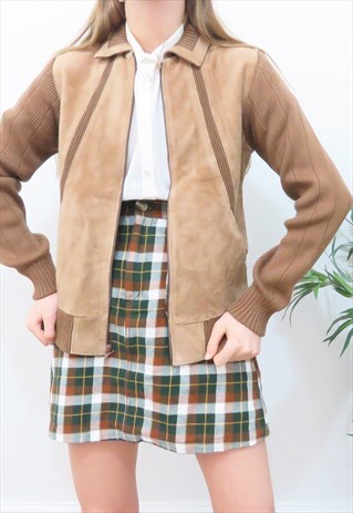 70S VINTAGE BROWN SUEDE JACKET WITH FABRIC SLEEVES