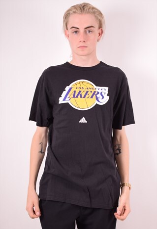ADIDAS MENS VINTAGE LA LAKERS T-SHIRT TOP LARGE BLACK 90S