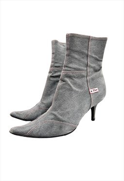 Dior Ankle Boots Mid Calf 39 Denim Grey Blue Pink Logo Heel