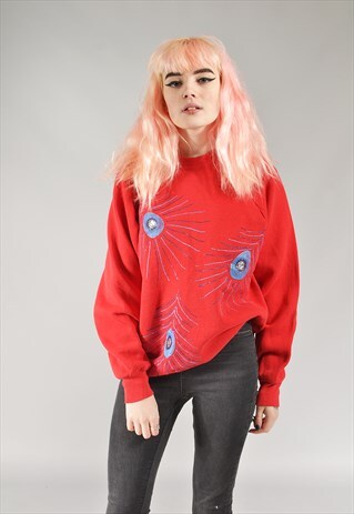 VINTAGE RED PEACOCK FEATHER SWEATER