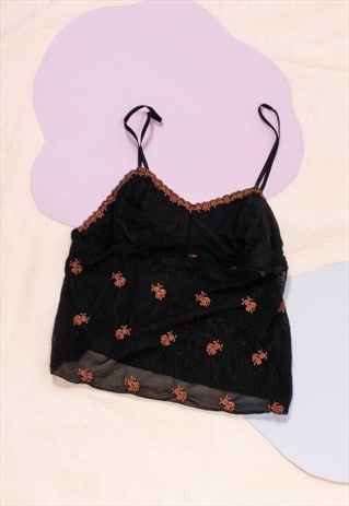 VINTAGE SLIP TOP Y2K FAIRY MESH CAMISOLE IN BLACK